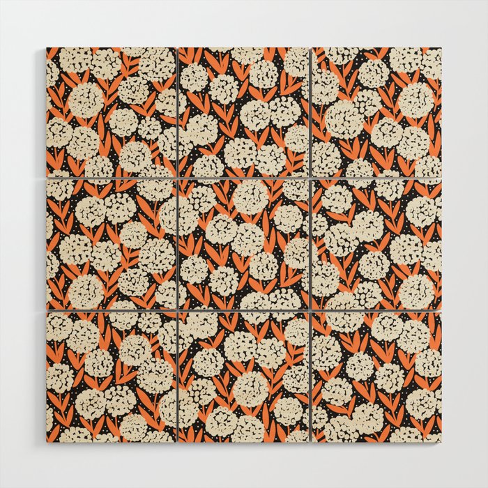 Blooming Abstract White and Orange Allium Flowers on Black Wood Wall Art Gallery Image 1