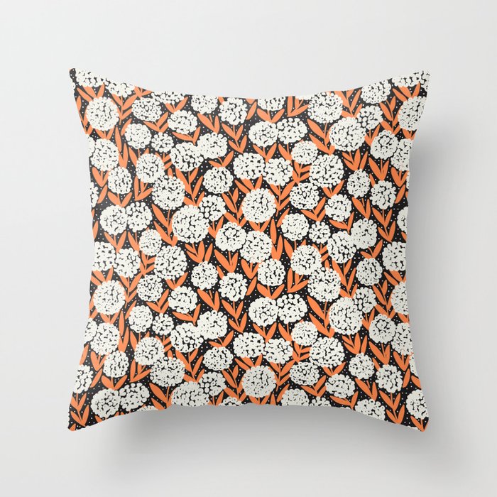 Blooming Abstract White and Orange Allium Flowers on Black Throw Pillow Gallery Image 1