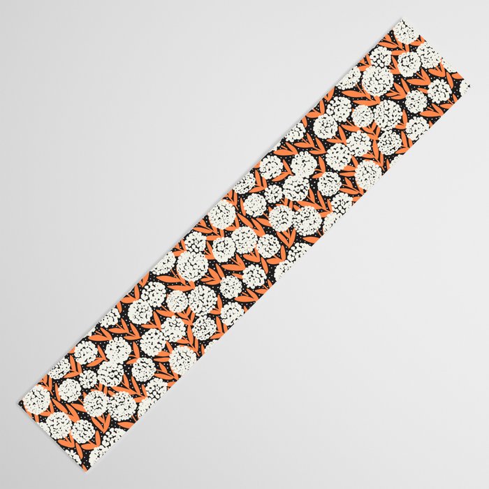 Blooming Abstract White and Orange Allium Flowers on Black Table Runner Gallery Image 3