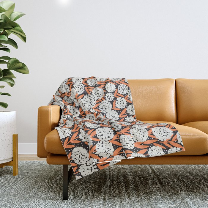 Blooming Abstract White and Orange Allium Flowers on Black Throw Blanket Gallery Image 1