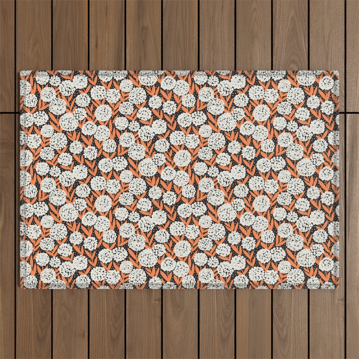 Blooming Abstract White and Orange Allium Flowers on Black Outdoor Rug Gallery Image 1