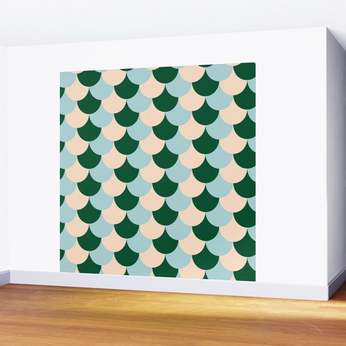 Scale Pattern / Art-deco - Light blue, Green and Cream Wall Mural Gallery Image 2