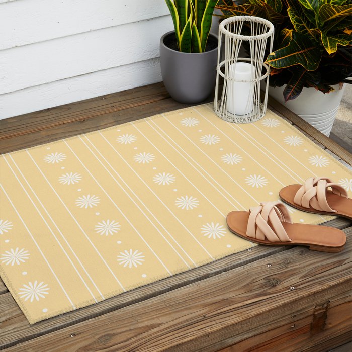 Daisy Stripes Pattern in Buttercream Yellow and White Outdoor Rug Gallery Image 2