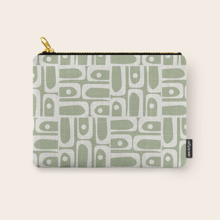 Mid Century Modern Piquet Geometric Multi Abstract Pattern in Sage Green and Off White Carry All Pouch Gallery Image 1