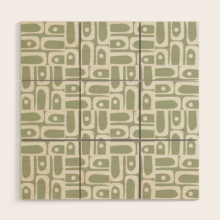 Mid Century Modern Piquet Geometric Multi Abstract Pattern in Sage Green and Off White Wood Wall Art Gallery Image 1