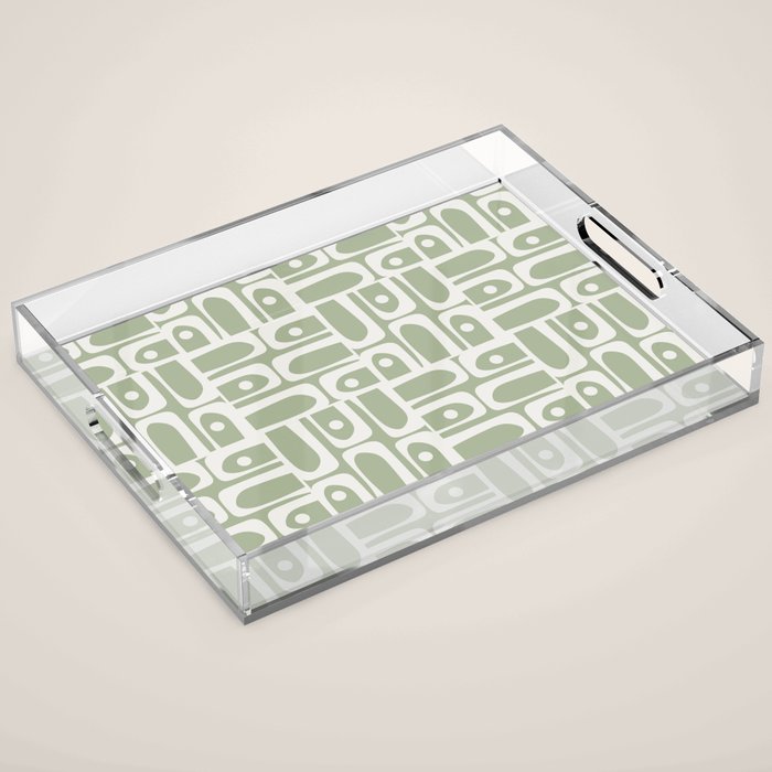 Mid Century Modern Piquet Geometric Multi Abstract Pattern in Sage Green and Off White Acrylic Tray Gallery Image 1