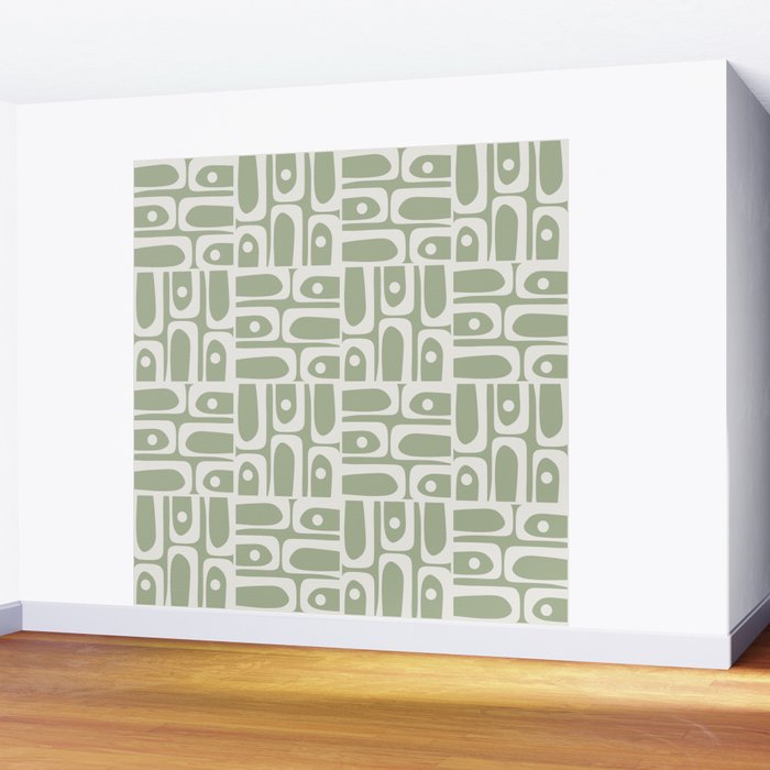 Mid Century Modern Piquet Geometric Multi Abstract Pattern in Sage Green and Off White Wall Mural Gallery Image 2