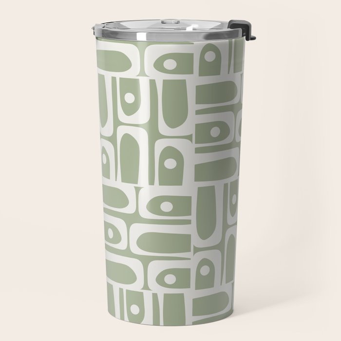 Mid Century Modern Piquet Geometric Multi Abstract Pattern in Sage Green and Off White Travel Mug Gallery Image 2
