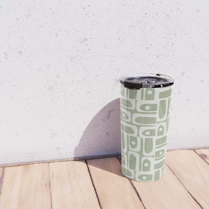 Mid Century Modern Piquet Geometric Multi Abstract Pattern in Sage Green and Off White Travel Mug Gallery Image 4