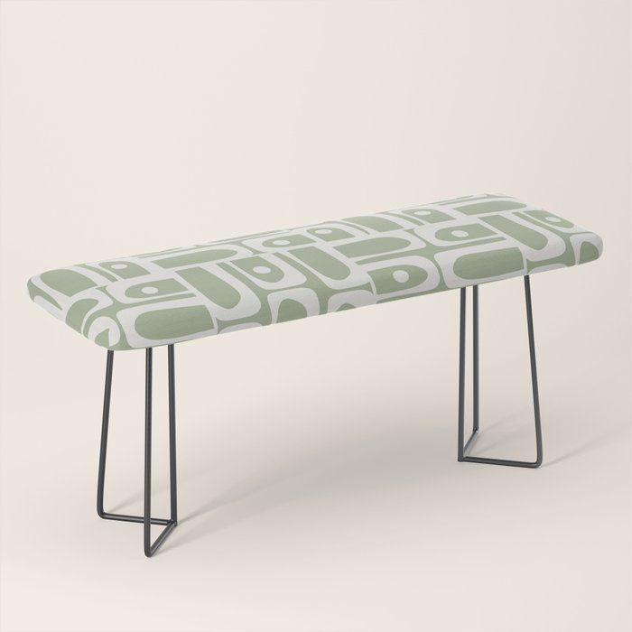 Mid Century Modern Piquet Geometric Multi Abstract Pattern in Sage Green and Off White Bench Gallery Image 1