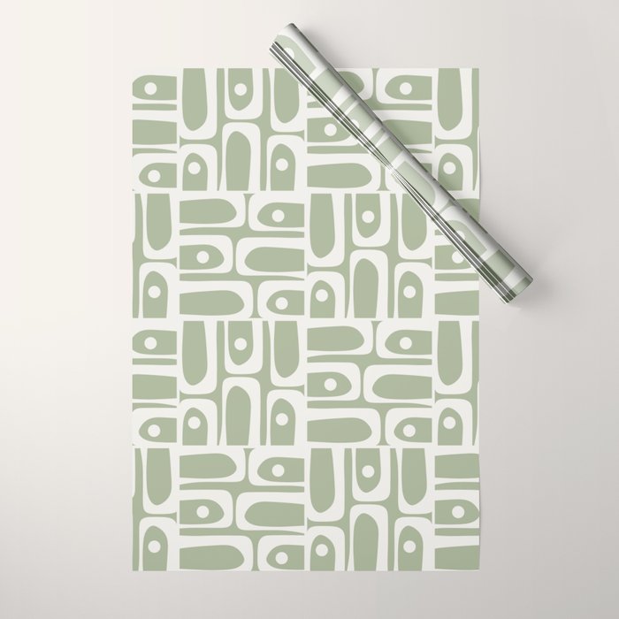 Mid Century Modern Piquet Geometric Multi Abstract Pattern in Sage Green and Off White Wrapping Paper Gallery Image 1