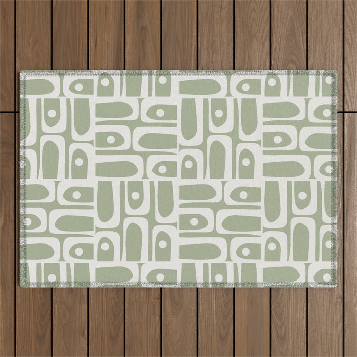 Mid Century Modern Piquet Geometric Multi Abstract Pattern in Sage Green and Off White Outdoor Rug Gallery Image 1