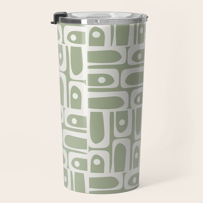 Mid Century Modern Piquet Geometric Multi Abstract Pattern in Sage Green and Off White Travel Mug Gallery Image 3