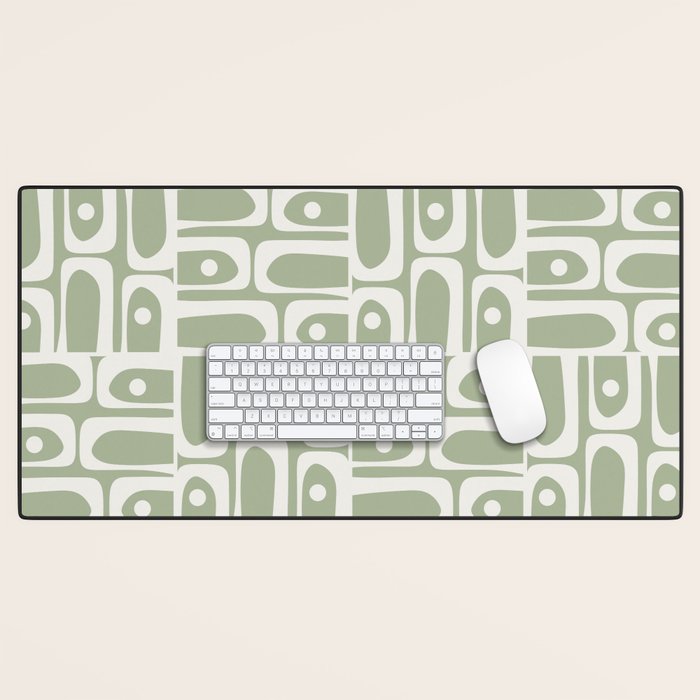 Mid Century Modern Piquet Geometric Multi Abstract Pattern in Sage Green and Off White Desk Mat Gallery Image 1