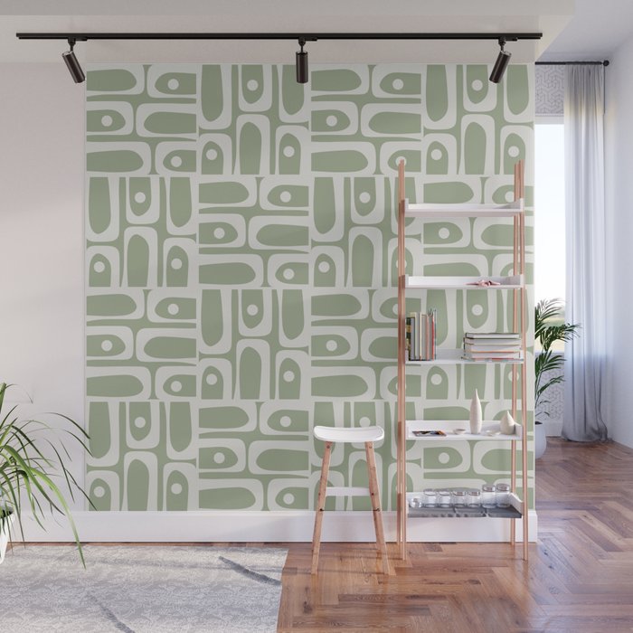 Mid Century Modern Piquet Geometric Multi Abstract Pattern in Sage Green and Off White Wall Mural Gallery Image 1