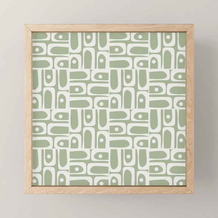 Mid Century Modern Piquet Geometric Multi Abstract Pattern in Sage Green and Off White Mini Art Print Gallery Image 1