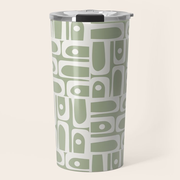 Mid Century Modern Piquet Geometric Multi Abstract Pattern in Sage Green and Off White Travel Mug Gallery Image 1