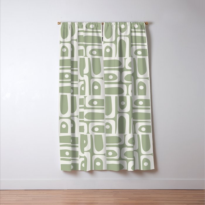 Mid Century Modern Piquet Geometric Multi Abstract Pattern in Sage Green and Off White Window Curtain Gallery Image 3