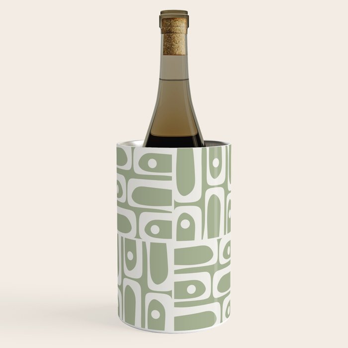 Mid Century Modern Piquet Geometric Multi Abstract Pattern in Sage Green and Off White Wine Chiller Gallery Image 1