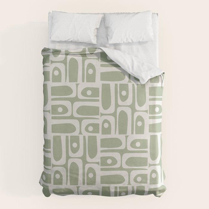 Mid Century Modern Piquet Geometric Multi Abstract Pattern in Sage Green and Off White Duvet Cover Gallery Image 1
