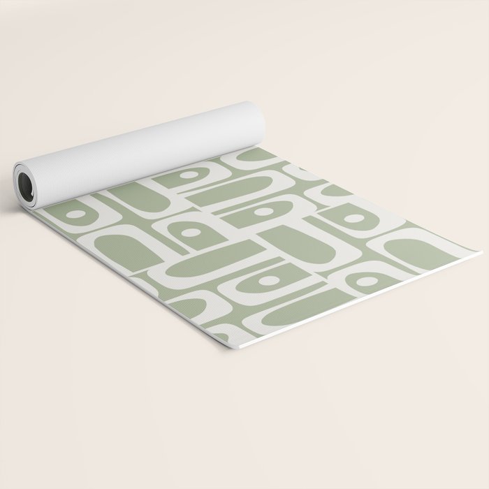 Mid Century Modern Piquet Geometric Multi Abstract Pattern in Sage Green and Off White Yoga Mat Gallery Image 2