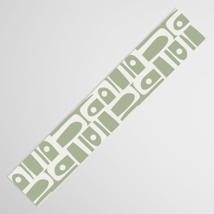 Mid Century Modern Piquet Geometric Multi Abstract Pattern in Sage Green and Off White Table Runner Gallery Image 3