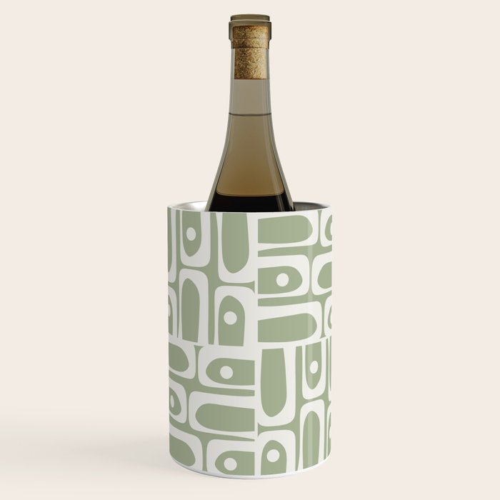 Mid Century Modern Piquet Geometric Multi Abstract Pattern in Sage Green and Off White Wine Chiller Gallery Image 2
