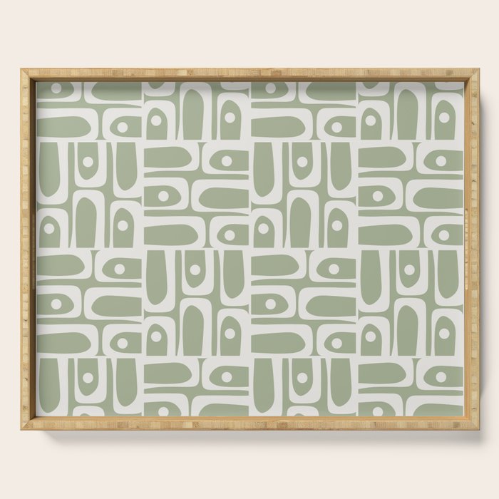 Mid Century Modern Piquet Geometric Multi Abstract Pattern in Sage Green and Off White Serving Tray Gallery Image 1
