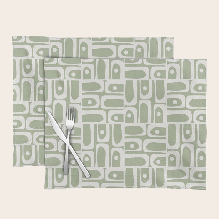 Mid Century Modern Piquet Geometric Multi Abstract Pattern in Sage Green and Off White Placemat Gallery Image 1