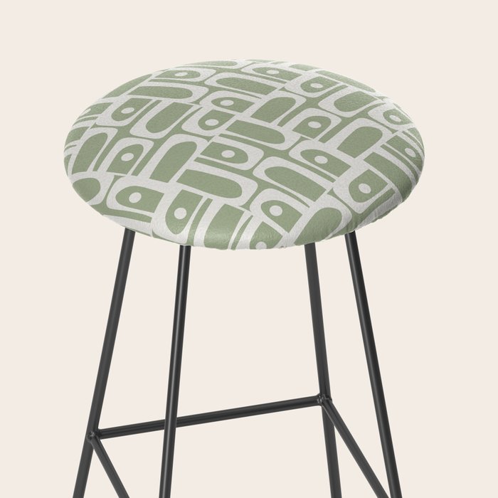 Mid Century Modern Piquet Geometric Multi Abstract Pattern in Sage Green and Off White Stool Gallery Image 2