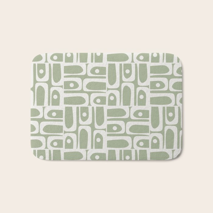 Mid Century Modern Piquet Geometric Multi Abstract Pattern in Sage Green and Off White Bath Mat Gallery Image 1