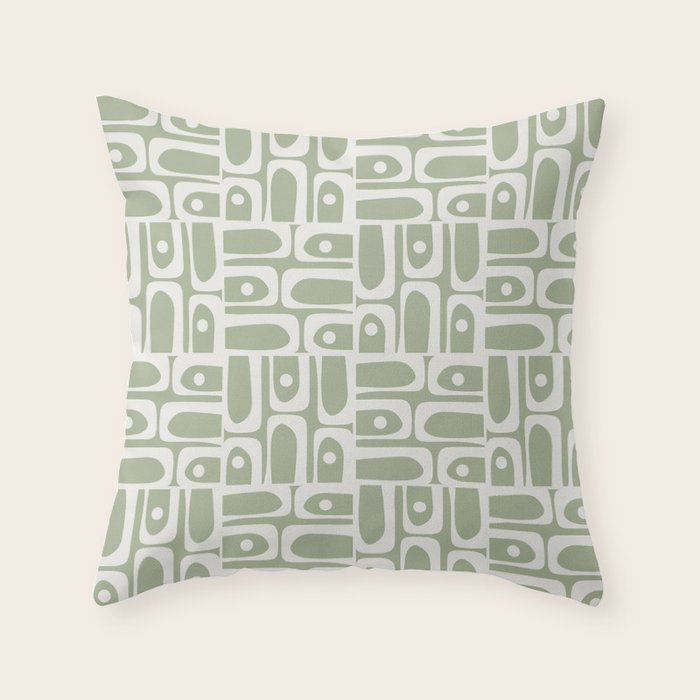 Mid Century Modern Piquet Geometric Multi Abstract Pattern in Sage Green and Off White Throw Pillow Gallery Image 6