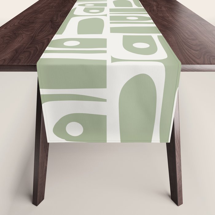 Mid Century Modern Piquet Geometric Multi Abstract Pattern in Sage Green and Off White Table Runner Gallery Image 1