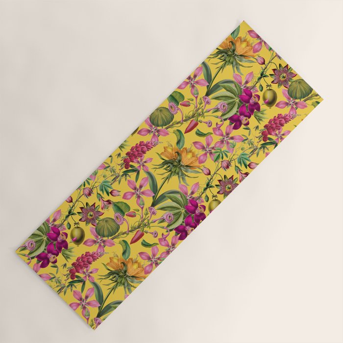 Tropical Bloom Serenade Exotic Floral Pattern Vintage Botanical Vibes Yellow Yoga Mat Gallery Image 1