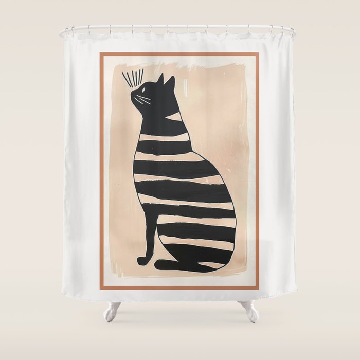 Black Cat with Bold Stripes Shower Curtain Gallery Image 1
