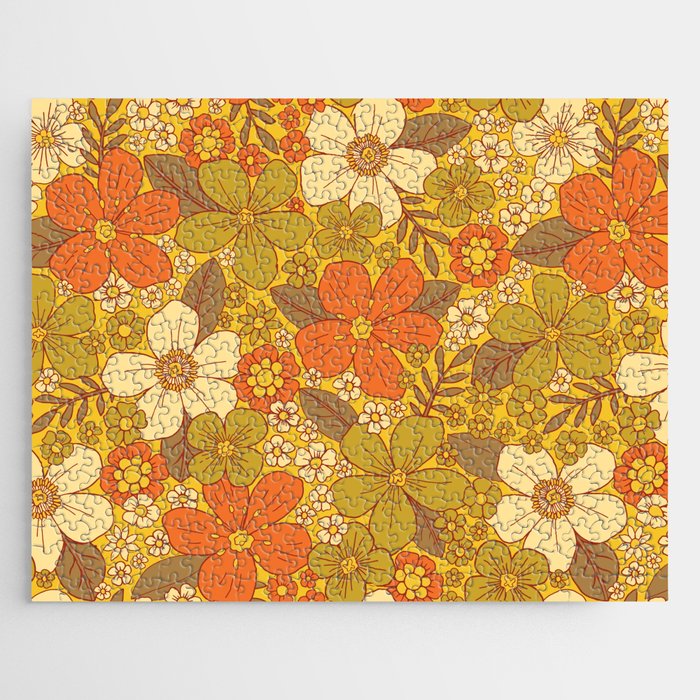 Retro 60s/70s Orange & Olive Green Floral Jigsaw Puzzle Gallery Image 1