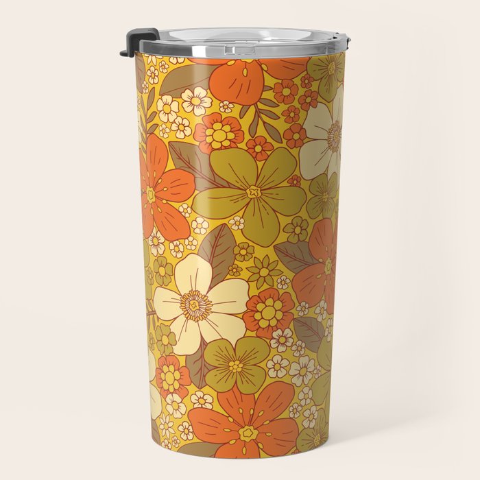 Retro 60s/70s Orange & Olive Green Floral Travel Mug Gallery Image 3