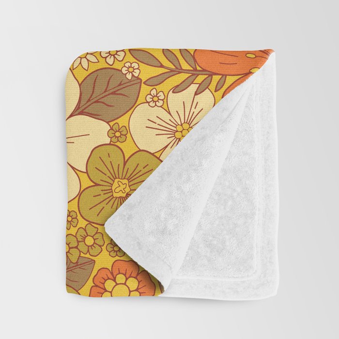 Retro 60s/70s Orange & Olive Green Floral Throw Blanket Gallery Image 3