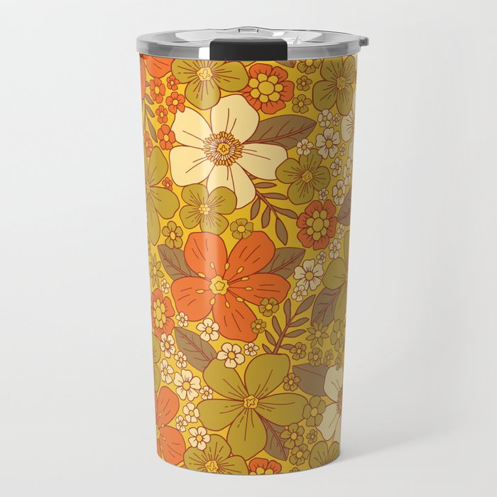 Retro 60s/70s Orange & Olive Green Floral Travel Mug Gallery Image 1