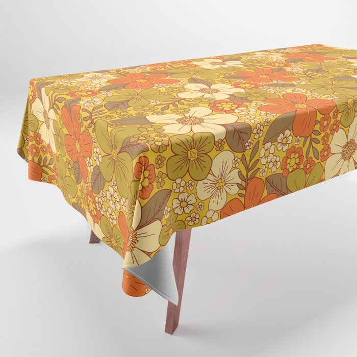 Retro 60s/70s Orange & Olive Green Floral Tablecloth Gallery Image 1