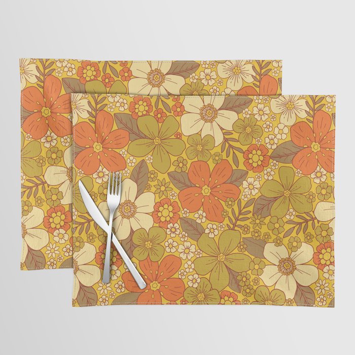 Retro 60s/70s Orange & Olive Green Floral Placemat Gallery Image 1