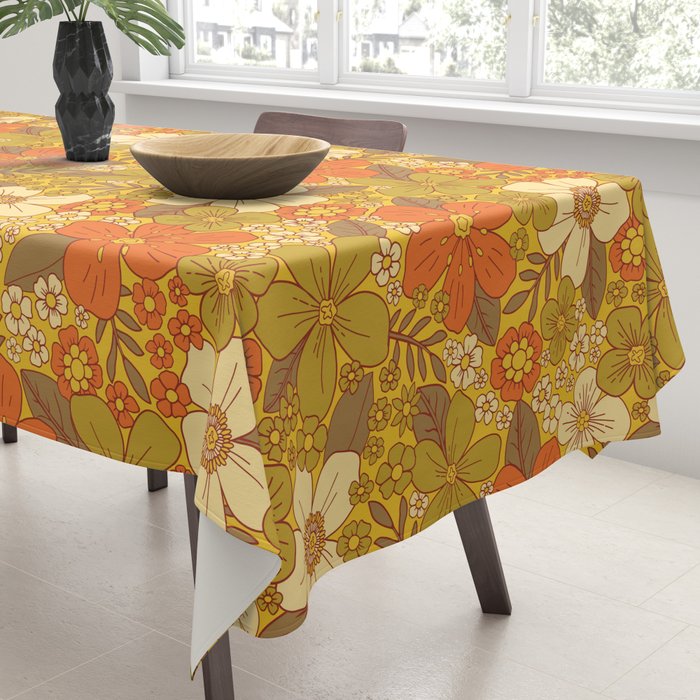 Retro 60s/70s Orange & Olive Green Floral Tablecloth Gallery Image 3