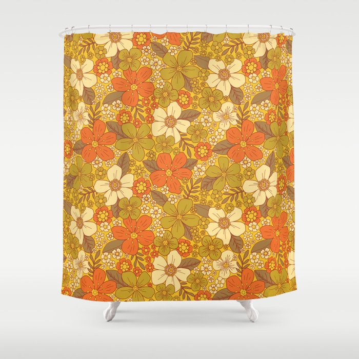 Retro 60s/70s Orange & Olive Green Floral Shower Curtain Gallery Image 1
