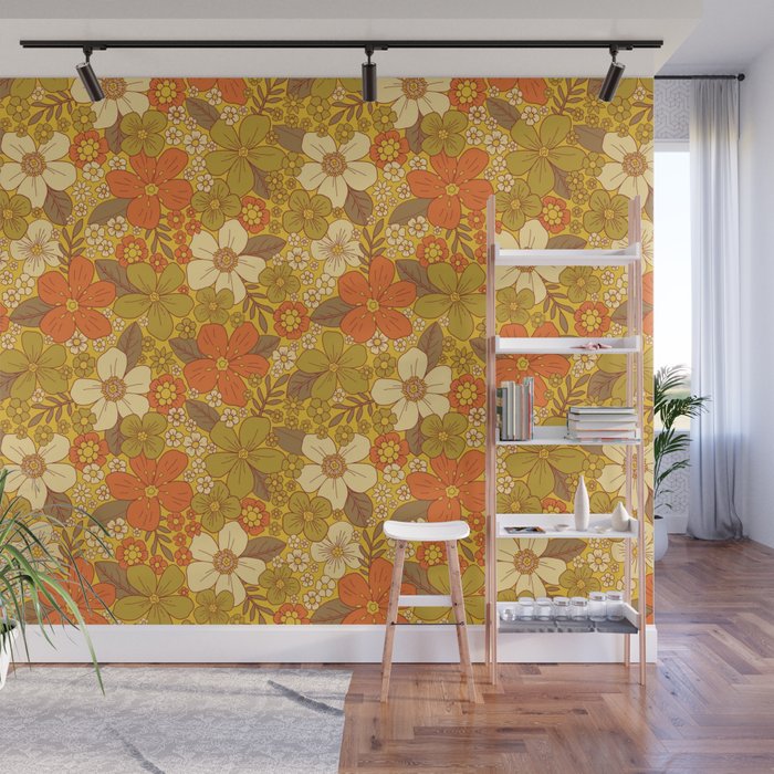 Retro 60s/70s Orange & Olive Green Floral Wall Mural Gallery Image 1