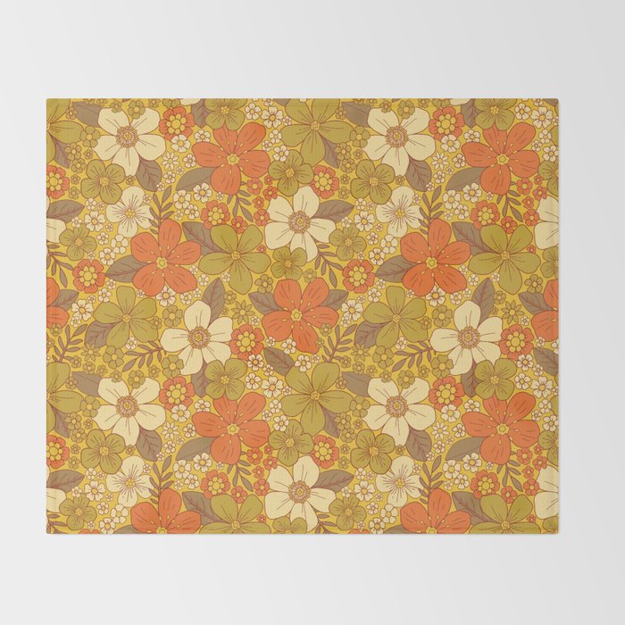 Retro 60s/70s Orange & Olive Green Floral Throw Blanket Gallery Image 2