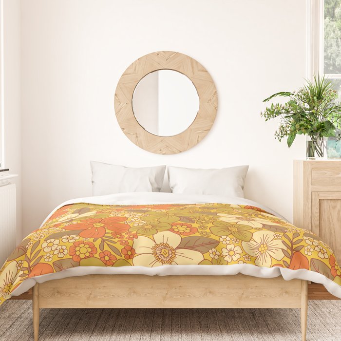 Retro 60s/70s Orange & Olive Green Floral Duvet Cover Gallery Image 3