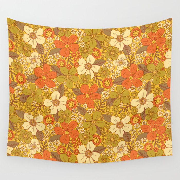 Retro 60s/70s Orange & Olive Green Floral Wall Tapestry Gallery Image 4