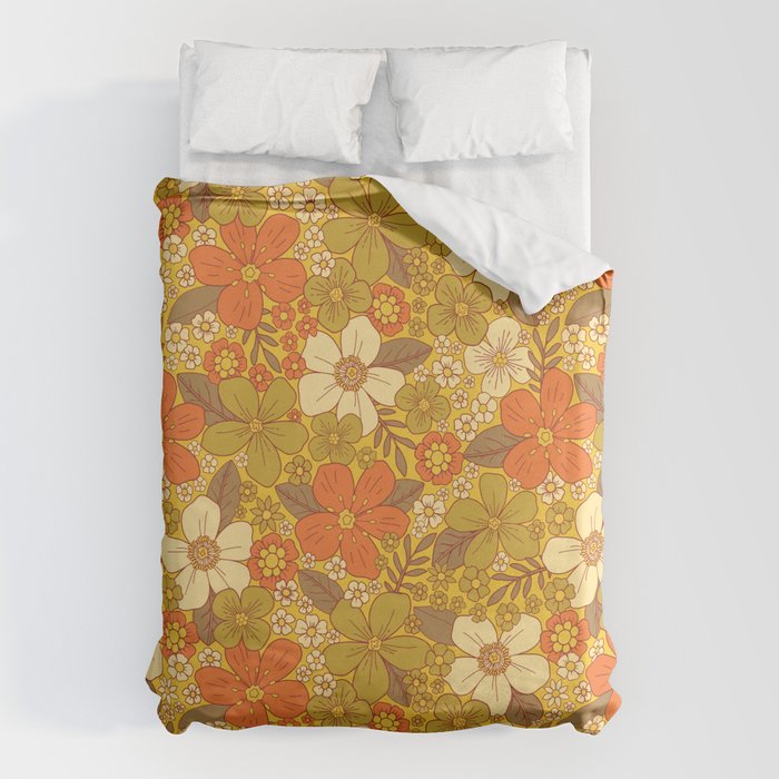Retro 60s/70s Orange & Olive Green Floral Duvet Cover Gallery Image 6