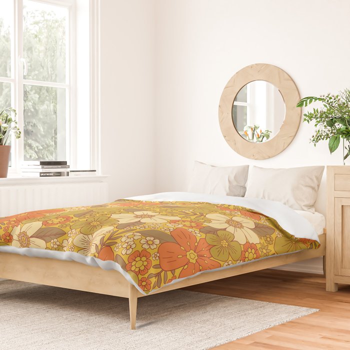 Retro 60s/70s Orange & Olive Green Floral Duvet Cover Gallery Image 2