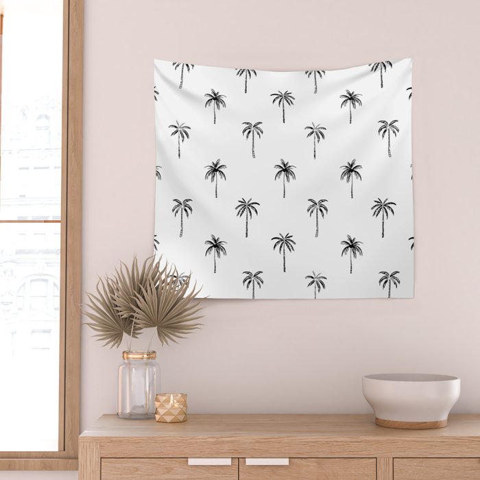 Black and white tropical palm tree pattern Wall Tapestry Gallery Image 2